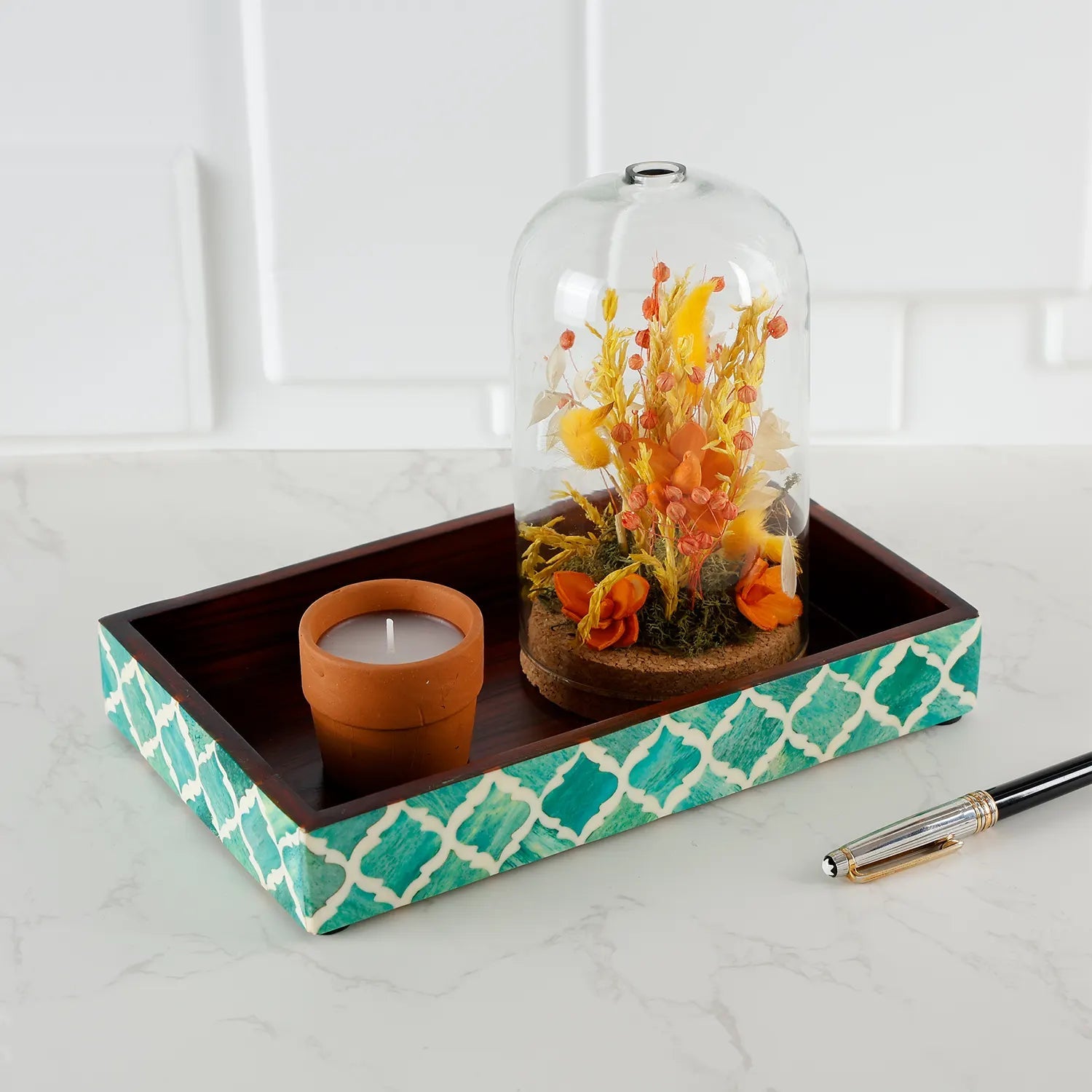Vanity Trays Moroccan Pattern Bone & Resin Inlay Collection in 10x6, Green & White - Che Cose Belle