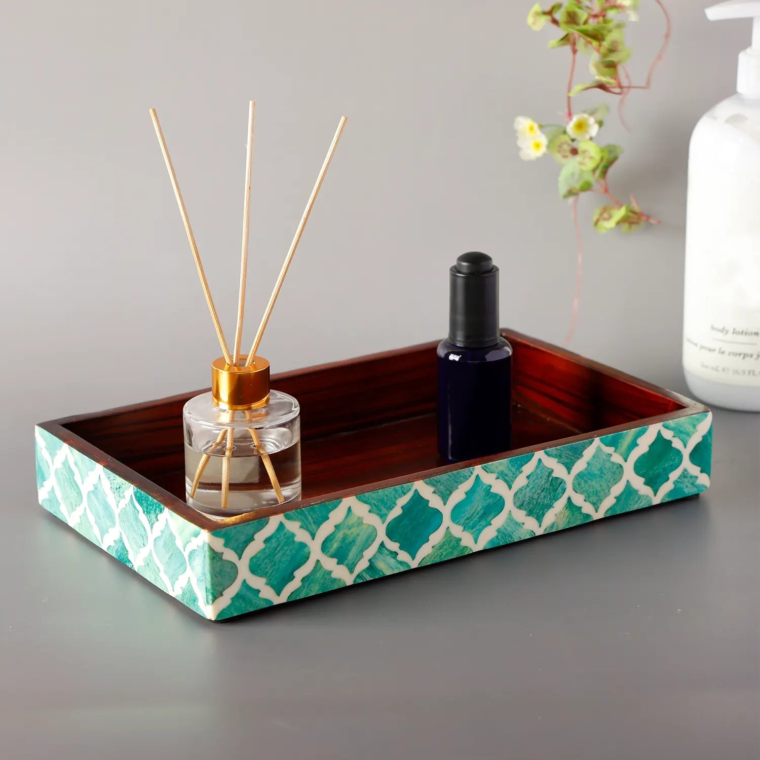 Vanity Trays Moroccan Pattern Bone & Resin Inlay Collection in 10x6, Green & White - Che Cose Belle