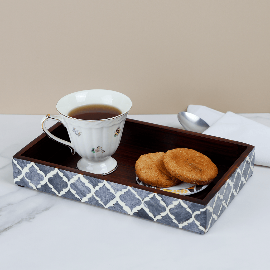 Vanity Trays Moroccan Pattern Bone & Resin Inlay, Grey & White, 10" x 6" - Che Cose Belle