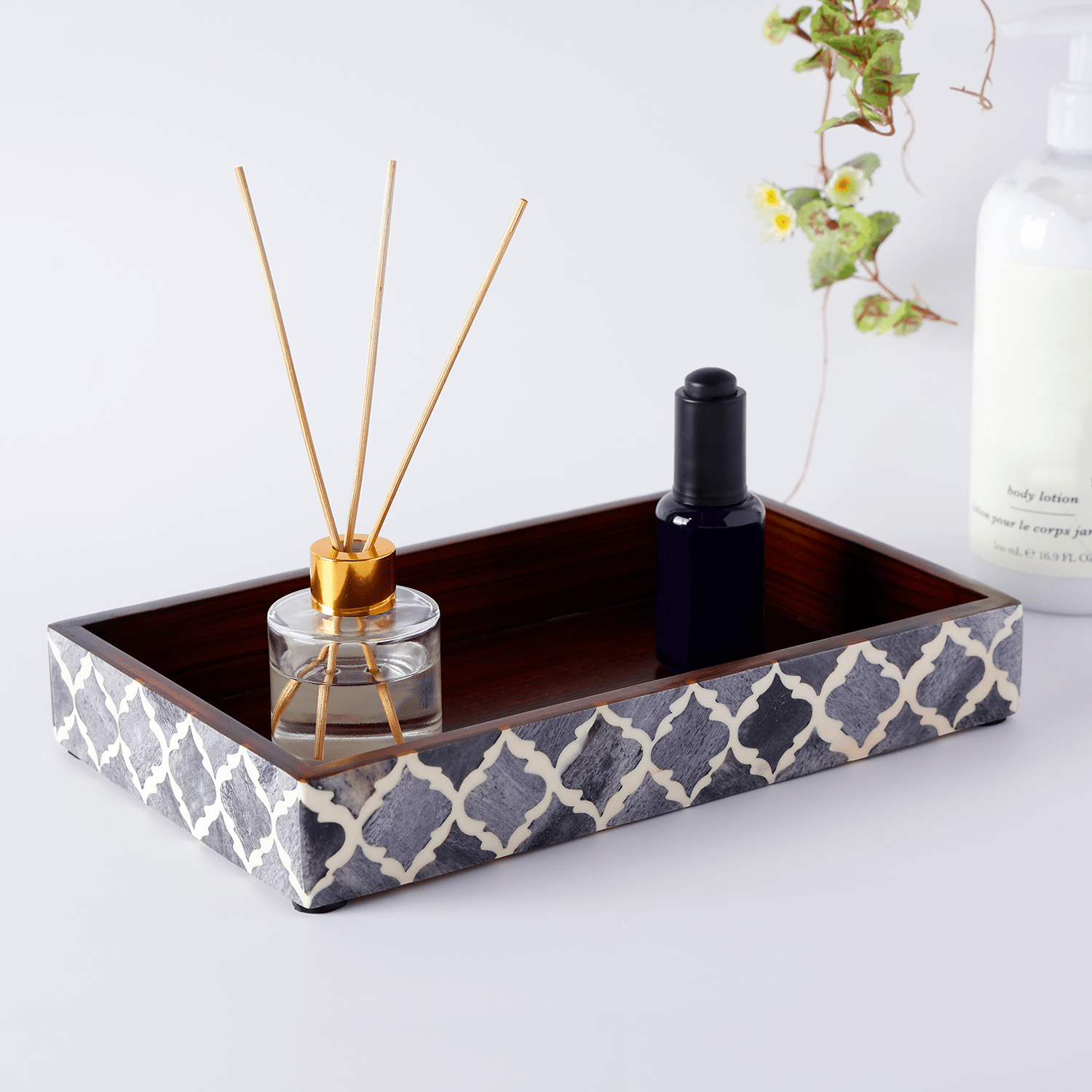 Vanity Trays Moroccan Pattern Bone & Resin Inlay, Grey & White, 10" x 6" - Che Cose Belle