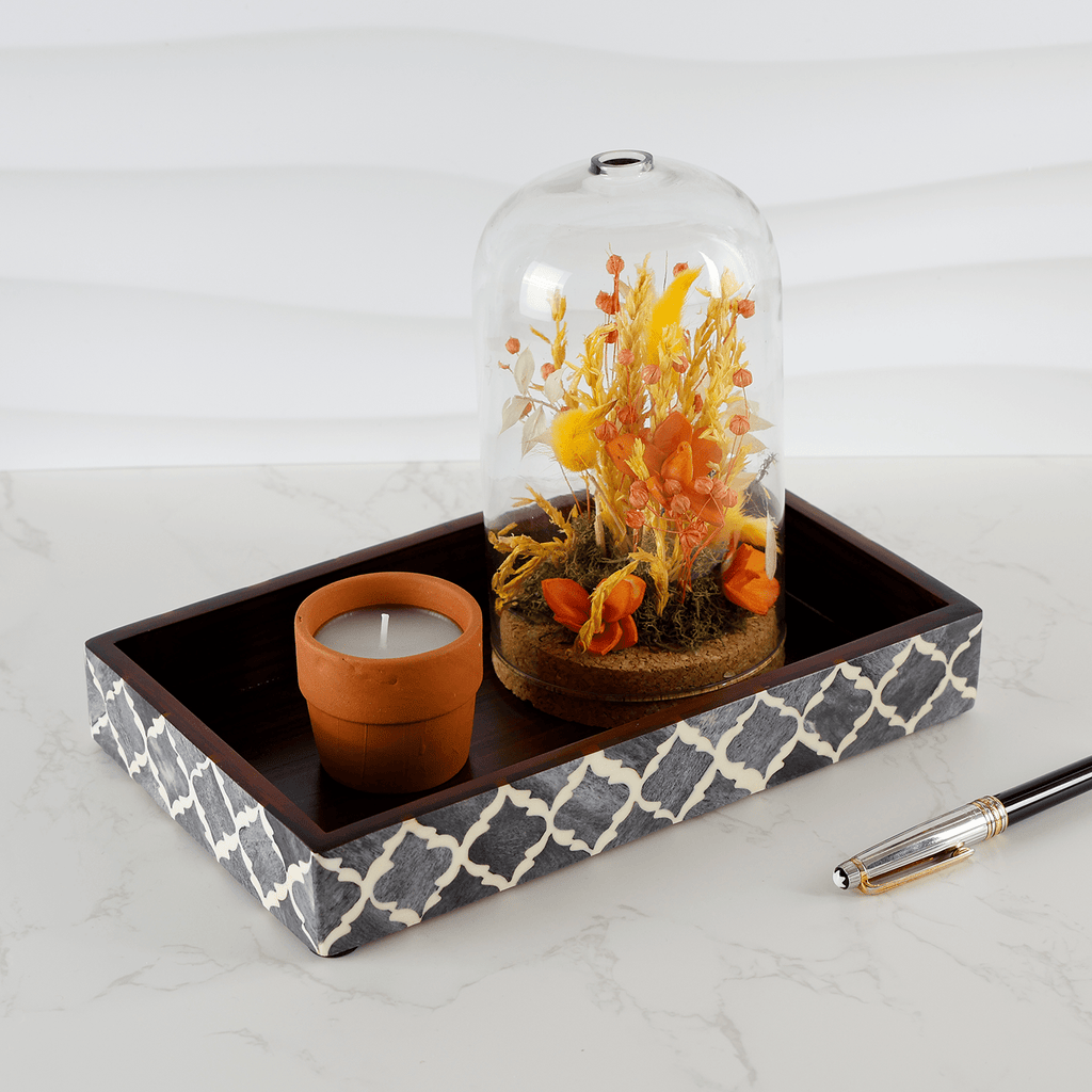 Vanity Trays Moroccan Pattern Bone & Resin Inlay, Grey & White, 10" x 6" - Che Cose Belle