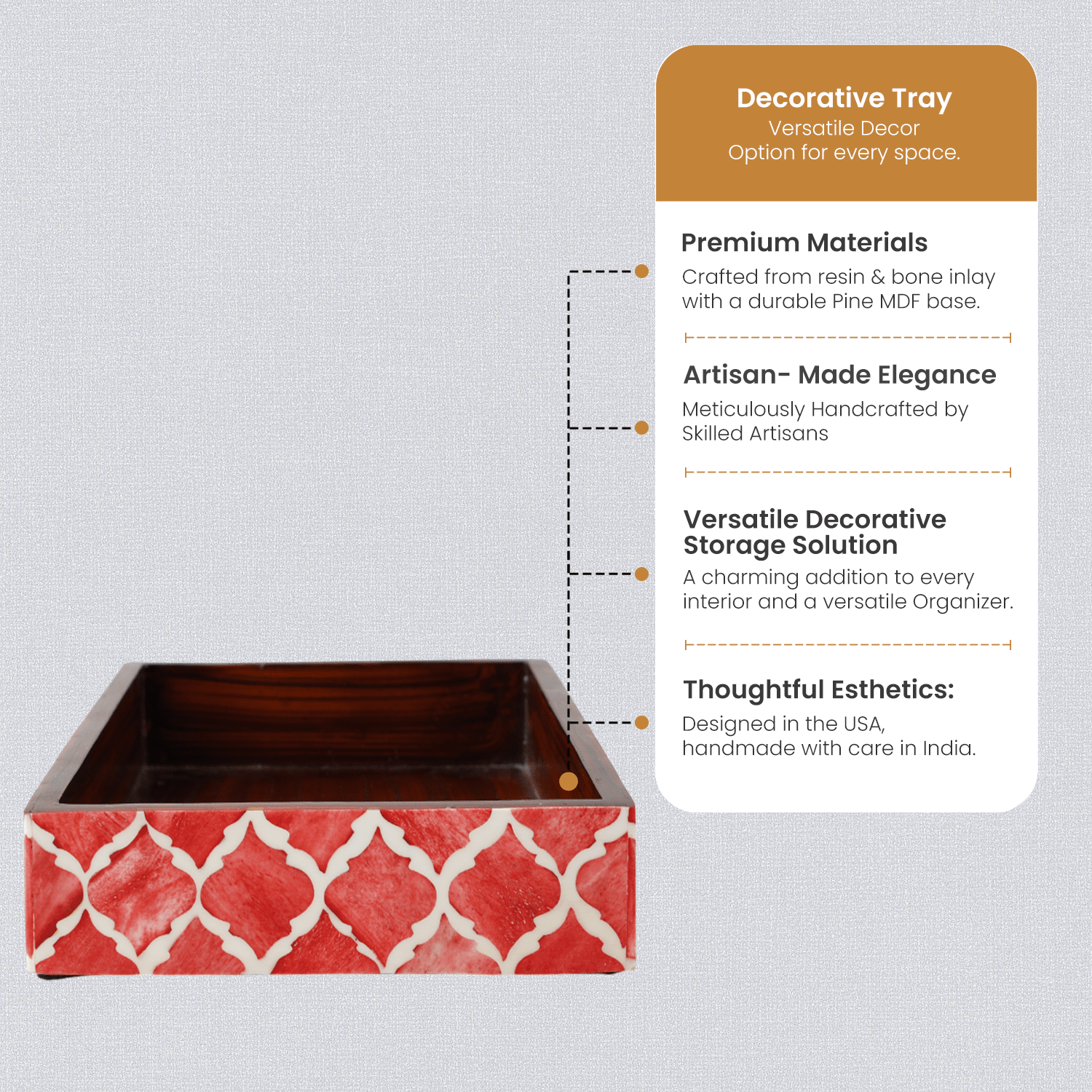 Vanity Trays Moroccan Pattern Bone & Resin inlay, Red & White, 10" x 6" - Che Cose Belle