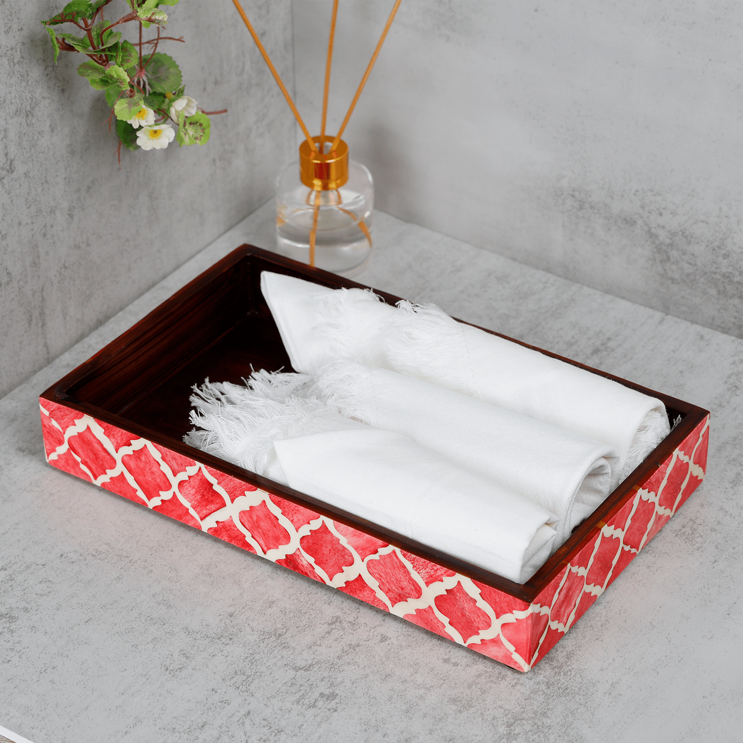 Vanity Trays Moroccan Pattern Bone & Resin inlay, Red & White, 10" x 6" - Che Cose Belle