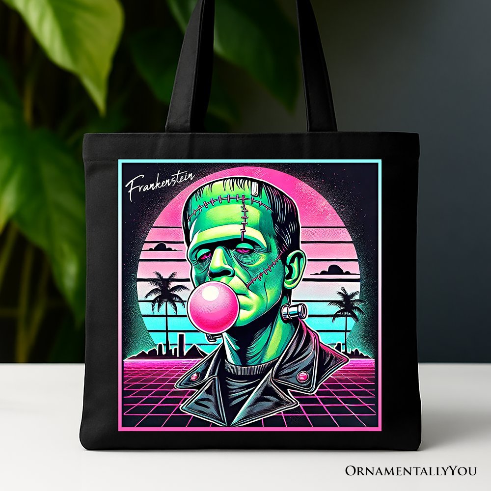 Vaperwave Frankenstein Retro Neon Horror Canvas Tote Bag, Synthwave 80's Styled Classic Halloween Gift - Che Cose Belle