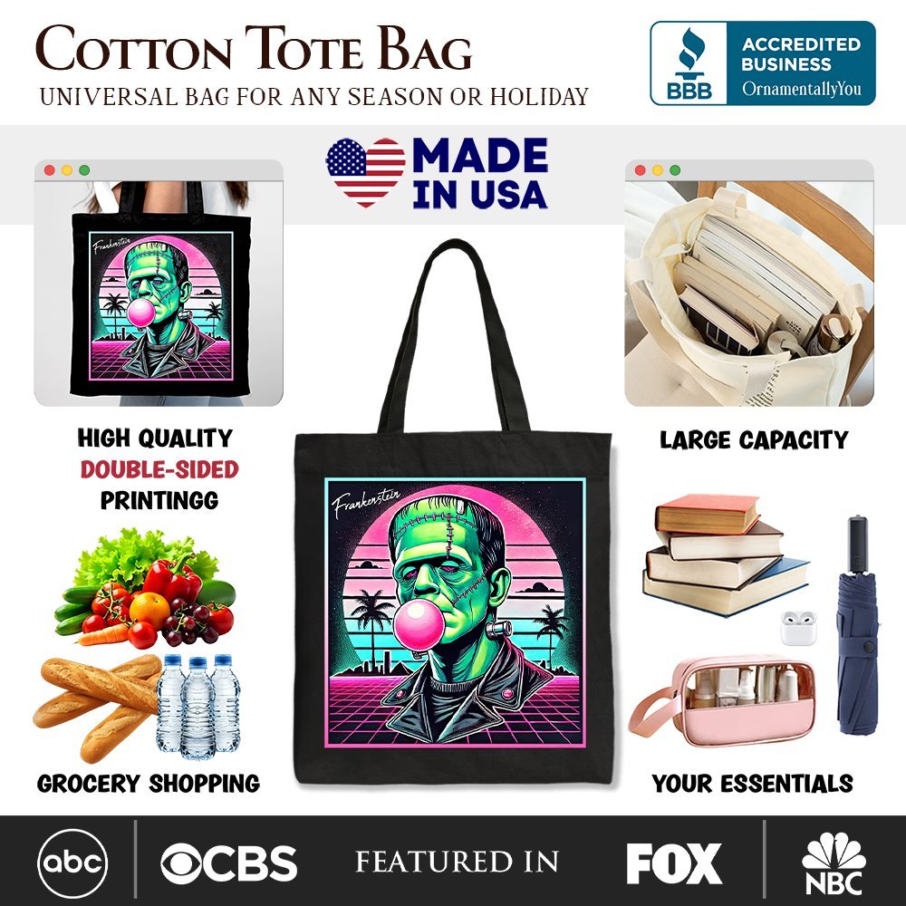 Vaperwave Frankenstein Retro Neon Horror Canvas Tote Bag, Synthwave 80's Styled Classic Halloween Gift - Che Cose Belle