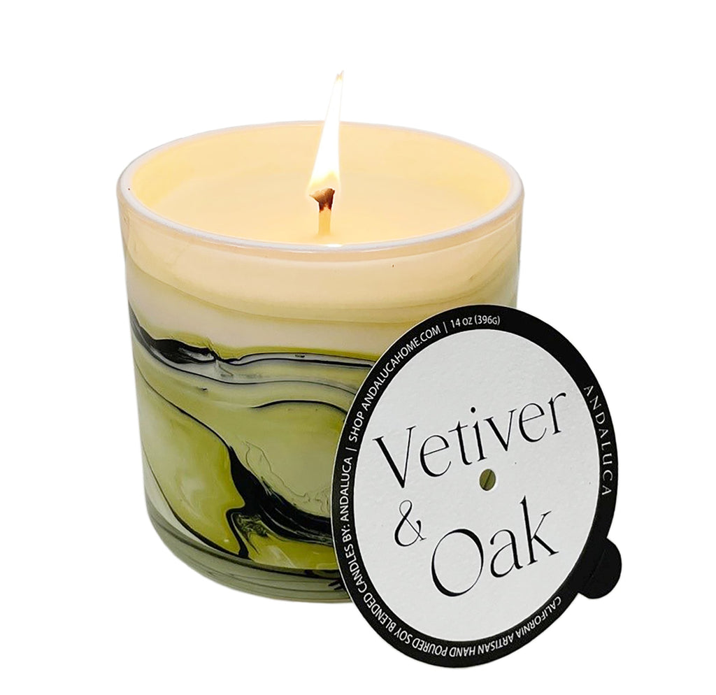 Vetiver & Oak 14 oz. Swirl Glass Candle - Che Cose Belle