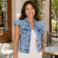 Victorian Charm Ruffle-Trim Denim Vest Jacket – Sleeveless Statement Layer- Light Denim - Che Cose Belle