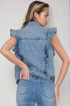 Victorian Charm Ruffle - Trim Denim Vest Jacket – Sleeveless Statement Layer - Light Denim - Che Cose Belle