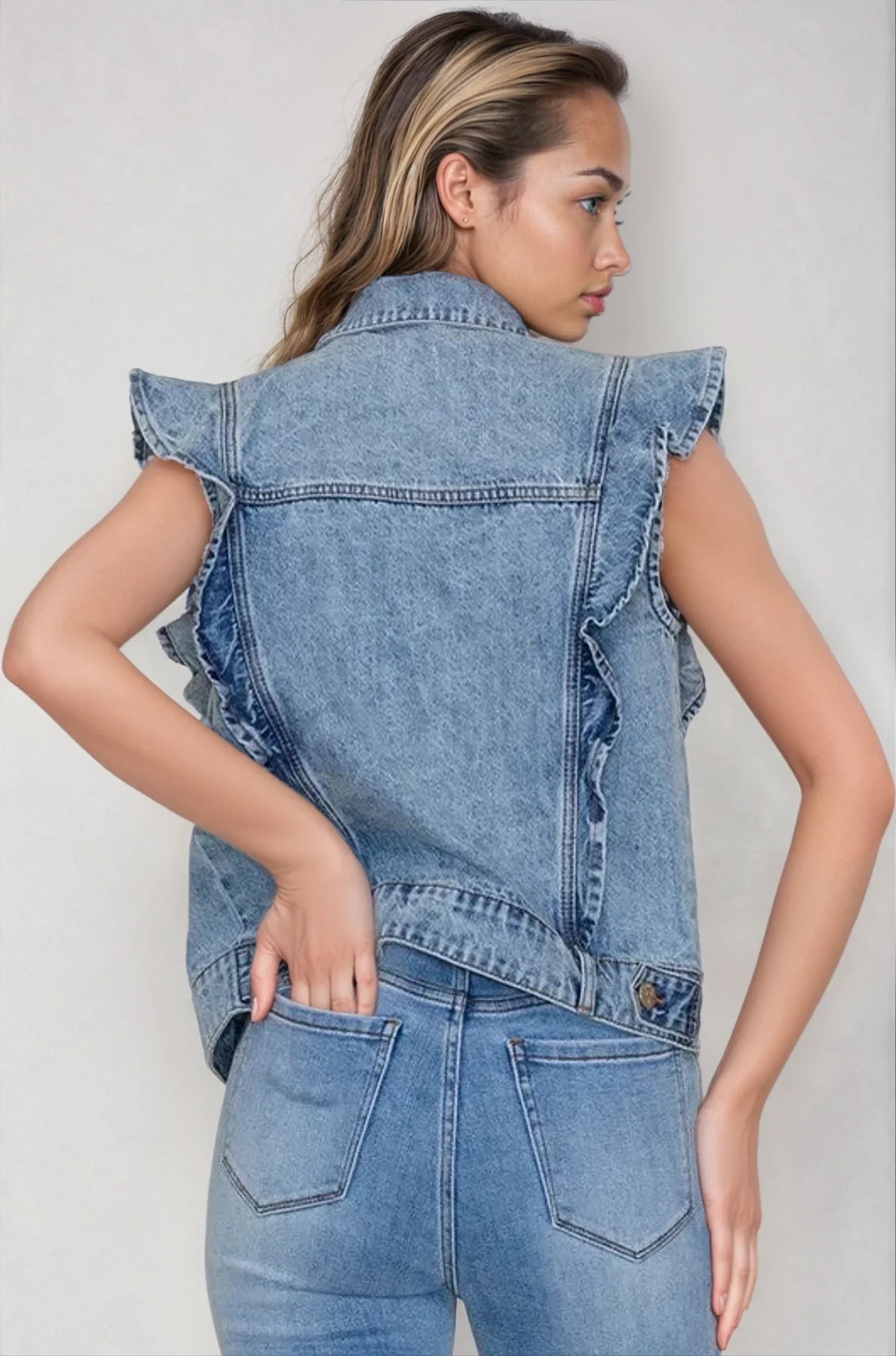 Victorian Charm Ruffle - Trim Denim Vest Jacket – Sleeveless Statement Layer - Light Denim - Che Cose Belle