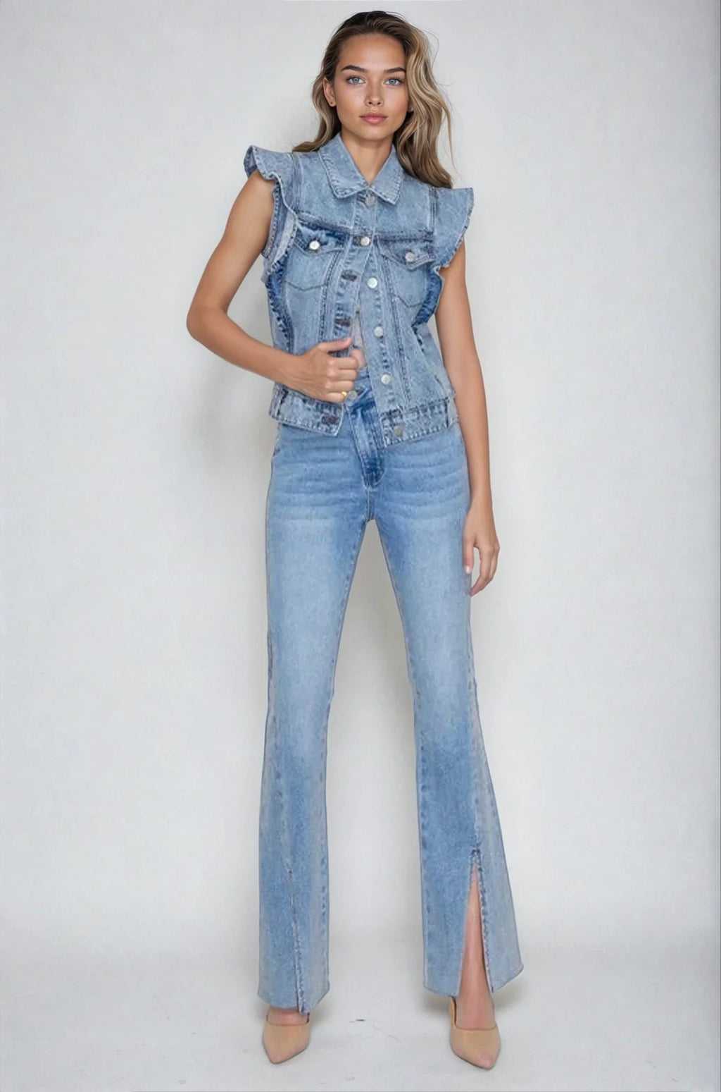 Victorian Charm Ruffle - Trim Denim Vest Jacket – Sleeveless Statement Layer - Light Denim - Che Cose Belle