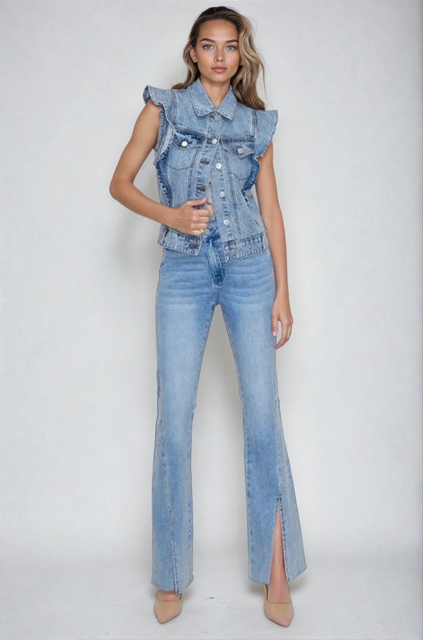 Victorian Charm Ruffle - Trim Denim Vest Jacket – Sleeveless Statement Layer - Light Denim - Che Cose Belle
