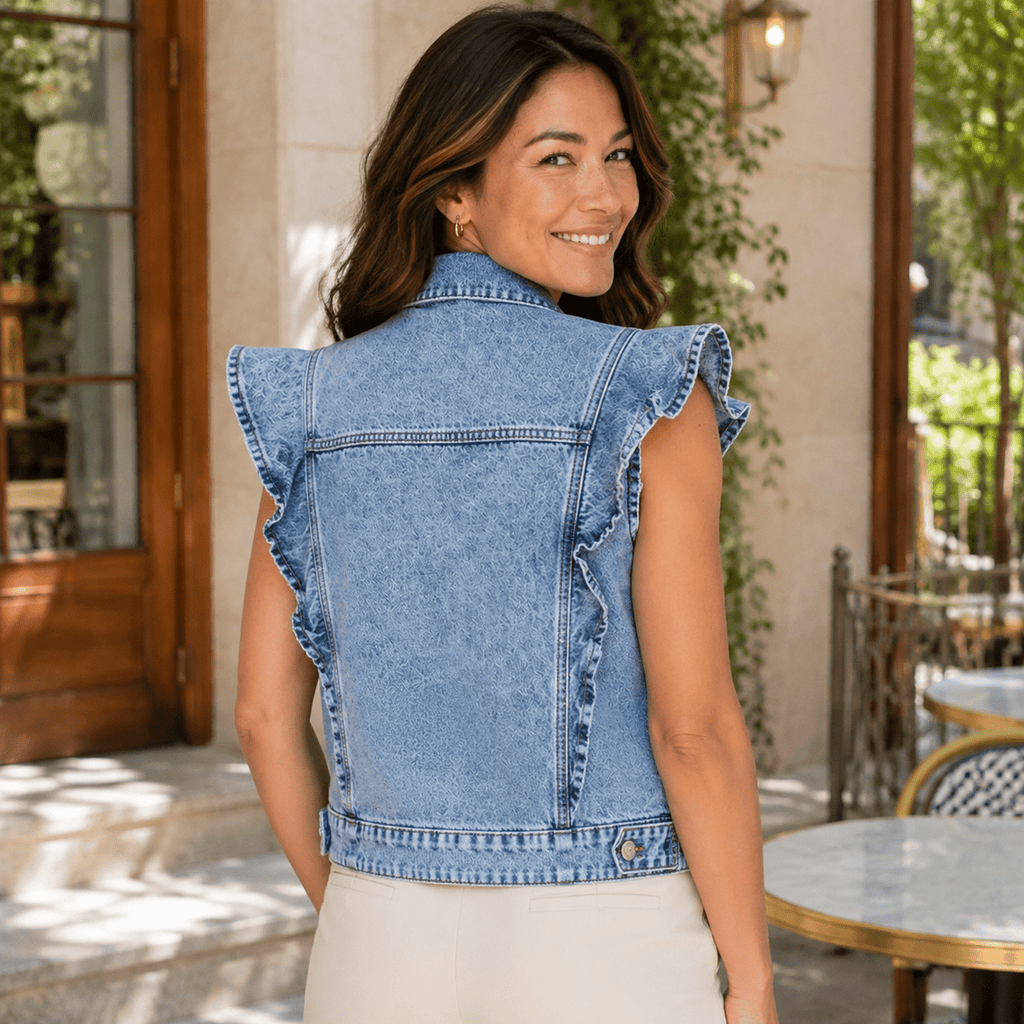Victorian Charm Ruffle-Trim Denim Vest Jacket – Sleeveless Statement Layer- Light Denim - Che Cose Belle