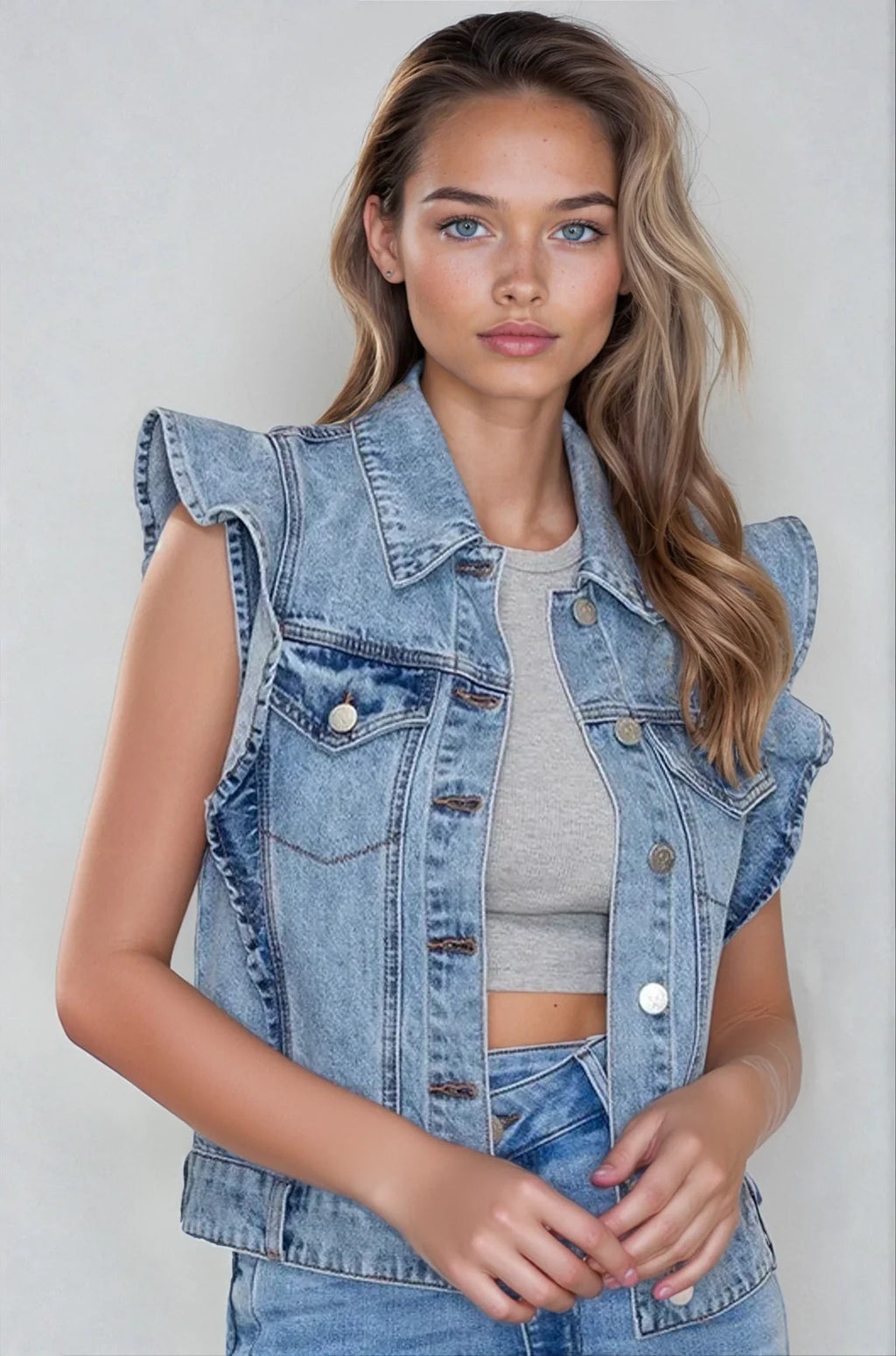 Victorian Charm Ruffle - Trim Denim Vest Jacket – Sleeveless Statement Layer - Light Denim - Che Cose Belle