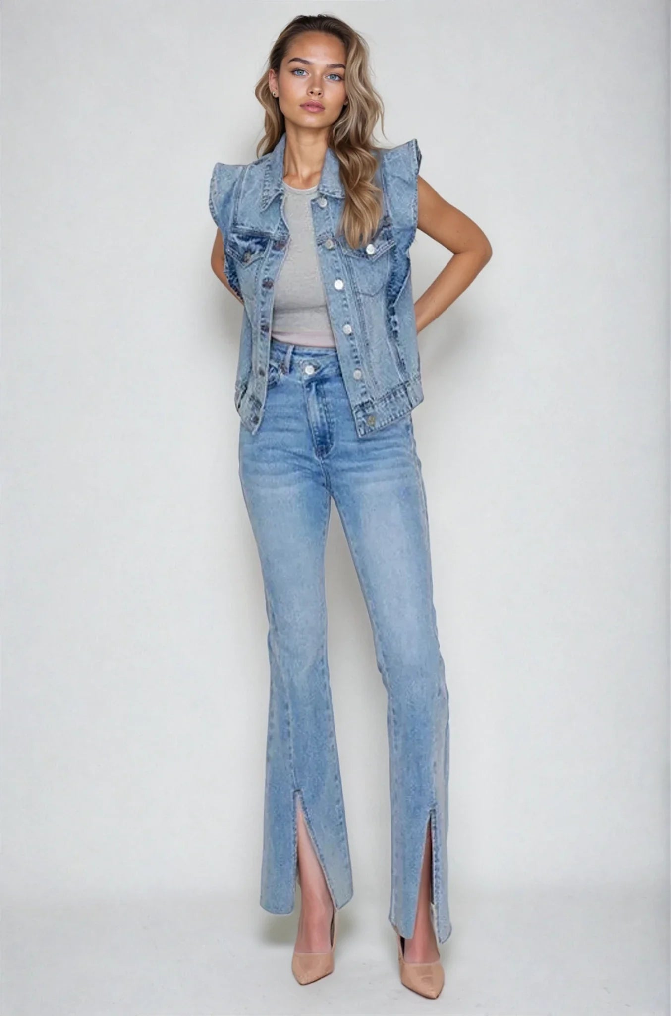 Victorian Charm Ruffle - Trim Denim Vest Jacket – Sleeveless Statement Layer - Light Denim - Che Cose Belle