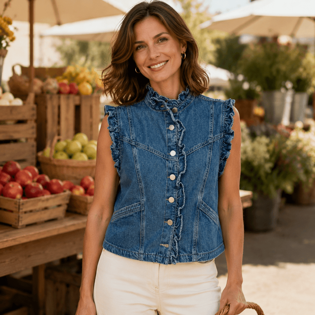 Victorian Muse Ruffle-Trim Denim Vest – High Collar Statement Layer - Che Cose Belle