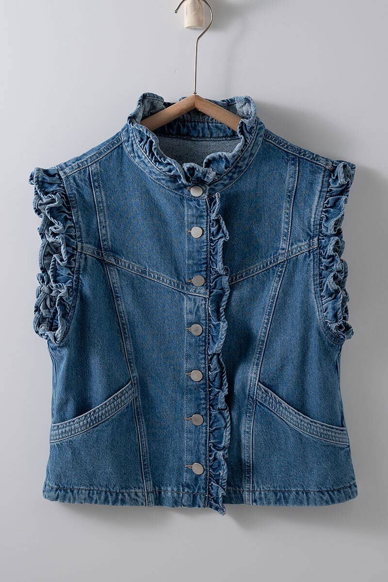 Victorian Muse Ruffle-Trim Denim Vest – High Collar Statement Layer - Che Cose Belle