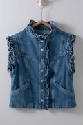 Victorian Muse Ruffle-Trim Denim Vest – High Collar Statement Layer - Che Cose Belle