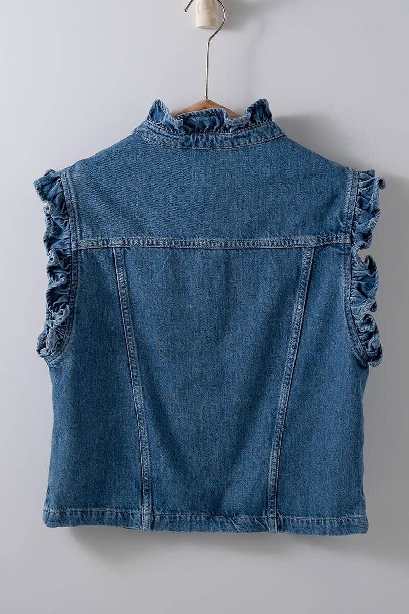 Victorian Muse Ruffle-Trim Denim Vest – High Collar Statement Layer - Che Cose Belle