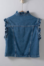 Victorian Muse Ruffle-Trim Denim Vest – High Collar Statement Layer - Che Cose Belle