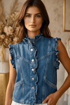 Victorian Muse Ruffle - Trim Denim Vest – High Collar Statement Layer - Che Cose Belle