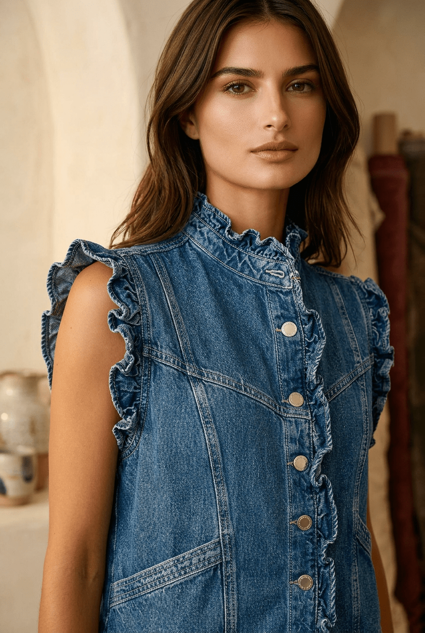 Victorian Muse Ruffle - Trim Denim Vest – High Collar Statement Layer - Che Cose Belle