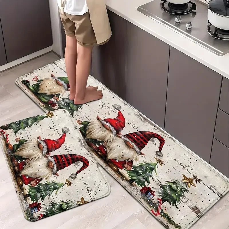 VIKAMA 2-Piece Christmas Rug Set White-Bearded Father Christmas Design Kitchen Mat Entrance Doormat Non-Slip Festive Home Decor - Che Cose Belle