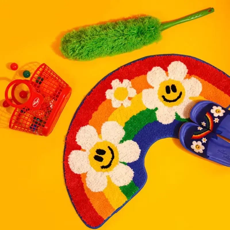 VIKAMA Cartoon Rainbow Floral Rug Soft Non-Slip Doormat For Home Use Bathroom Mat Bedside Rug For Bedroom Home Decor - Che Cose Belle