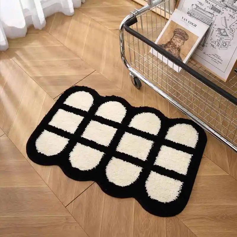 VIKAMA Ins Style Black and White Simple Short Plush Floor Mat Entry Door Wear Dirt-resistant Foot Mat Bathroom Entrance Carpet - Che Cose Belle