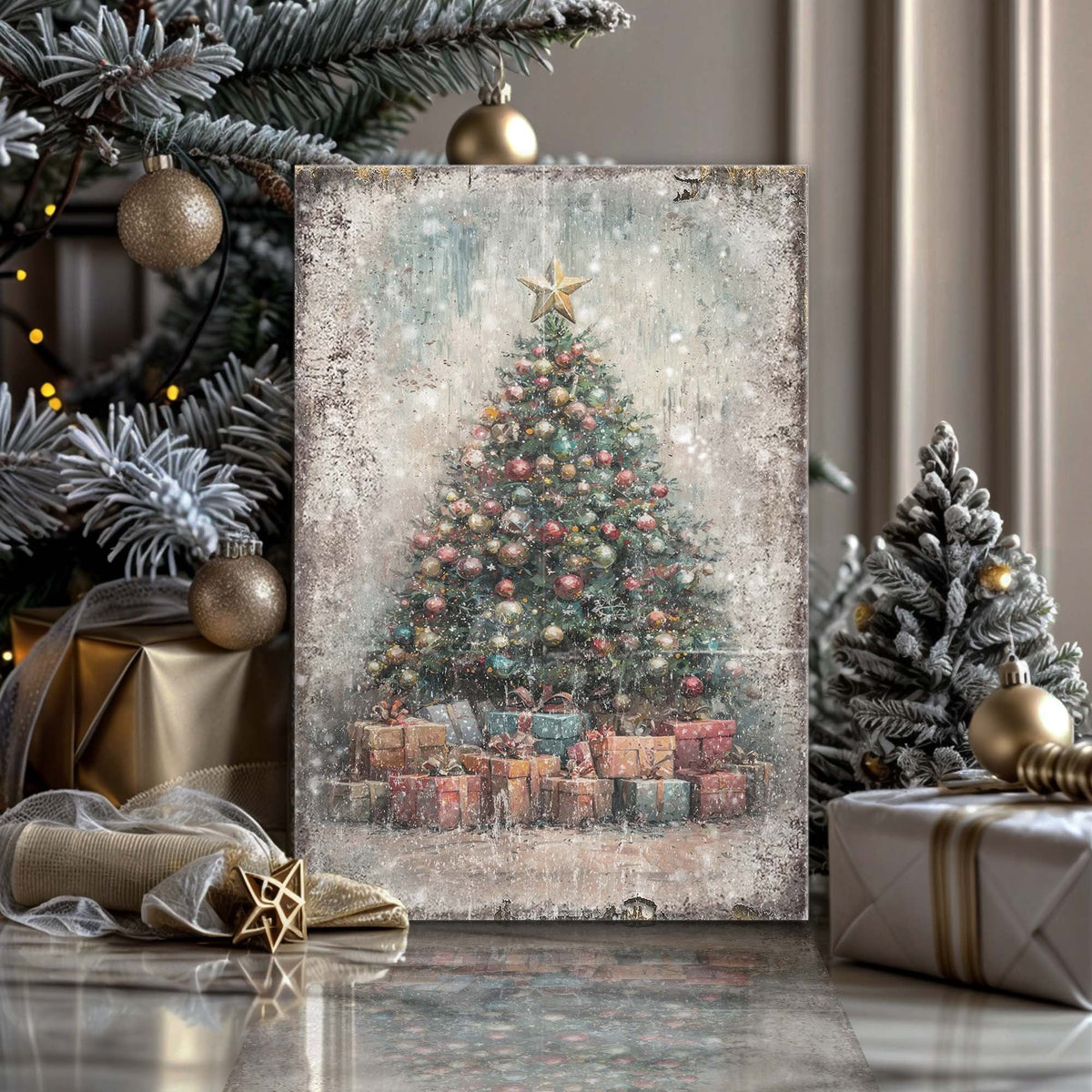 Vintage Christmas Tree With Gifts Wall Art - Che Cose Belle