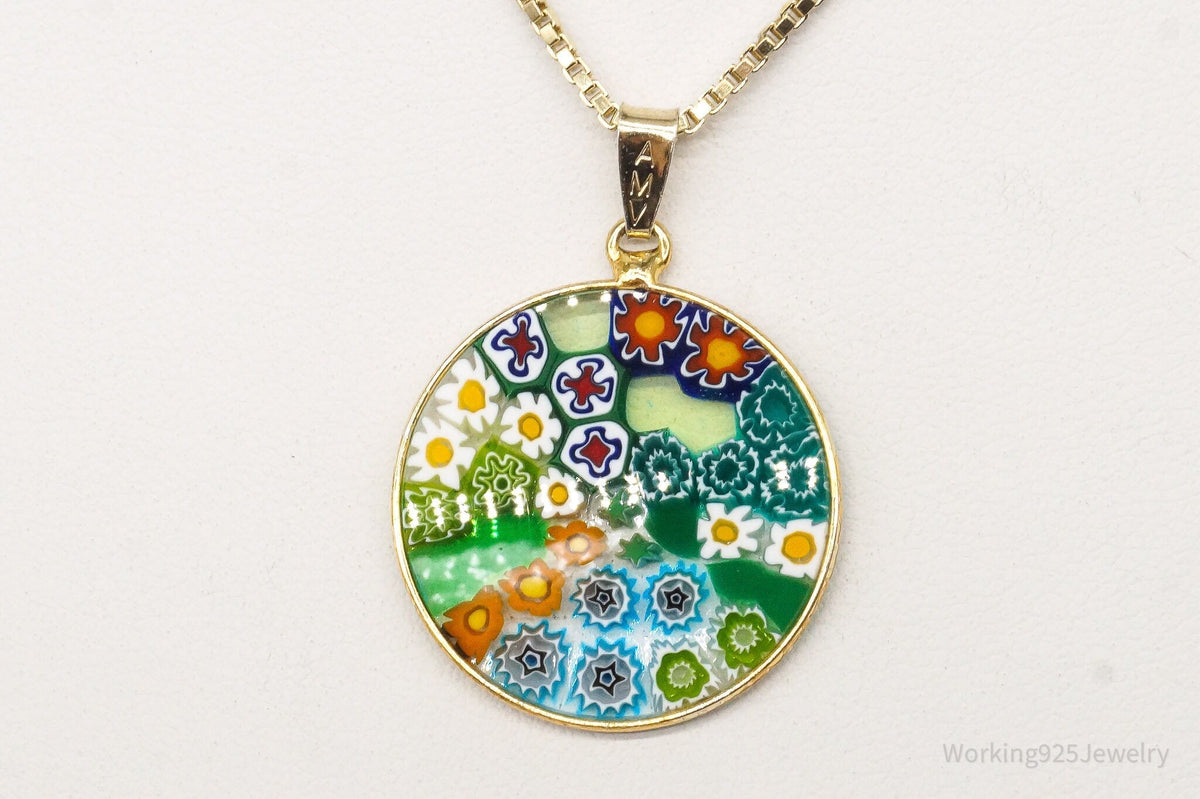 Vintage Glass Murano Millefiori Flowers Gold Vermeil Sterling Silver Necklace - Che Cose Belle