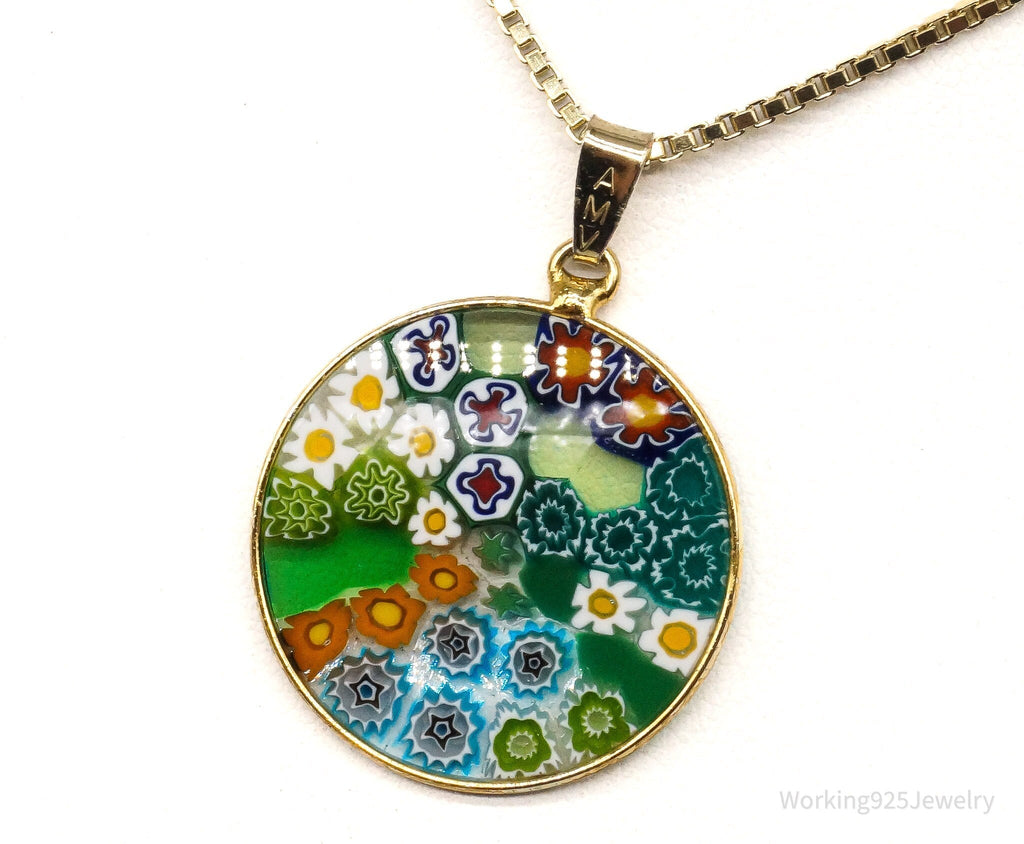 Vintage Glass Murano Millefiori Flowers Gold Vermeil Sterling Silver Necklace - Che Cose Belle