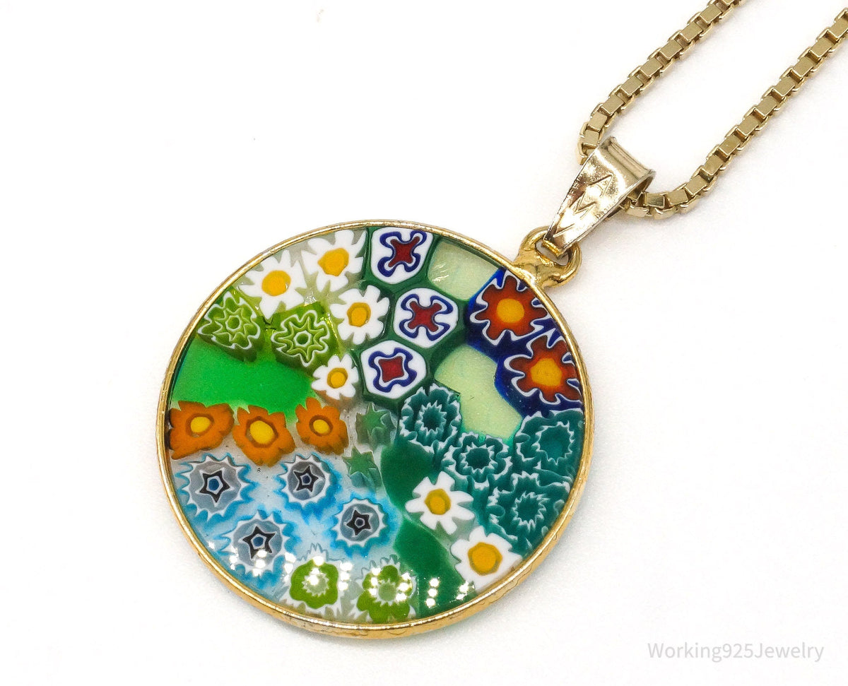 Vintage Glass Murano Millefiori Flowers Gold Vermeil Sterling Silver Necklace - Che Cose Belle