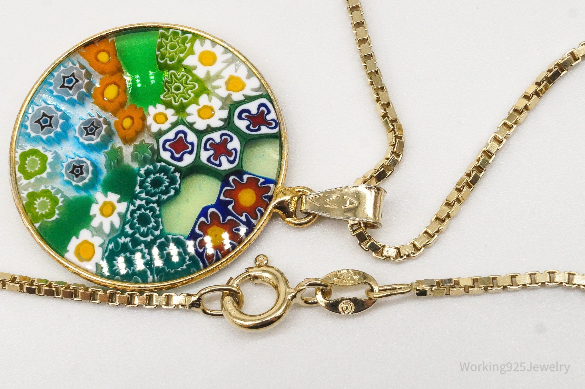 Vintage Glass Murano Millefiori Flowers Gold Vermeil Sterling Silver Necklace - Che Cose Belle