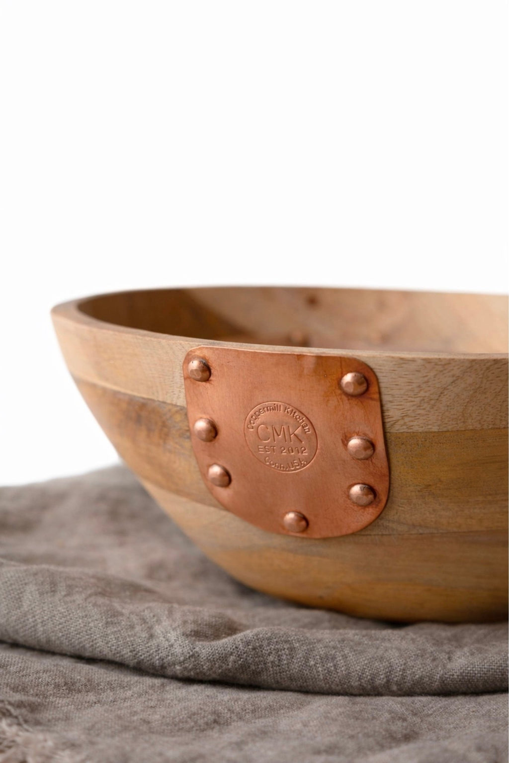 Vintage Inspired Wooden Serving Bowl with Handmade Copper Details - Che Cose Belle