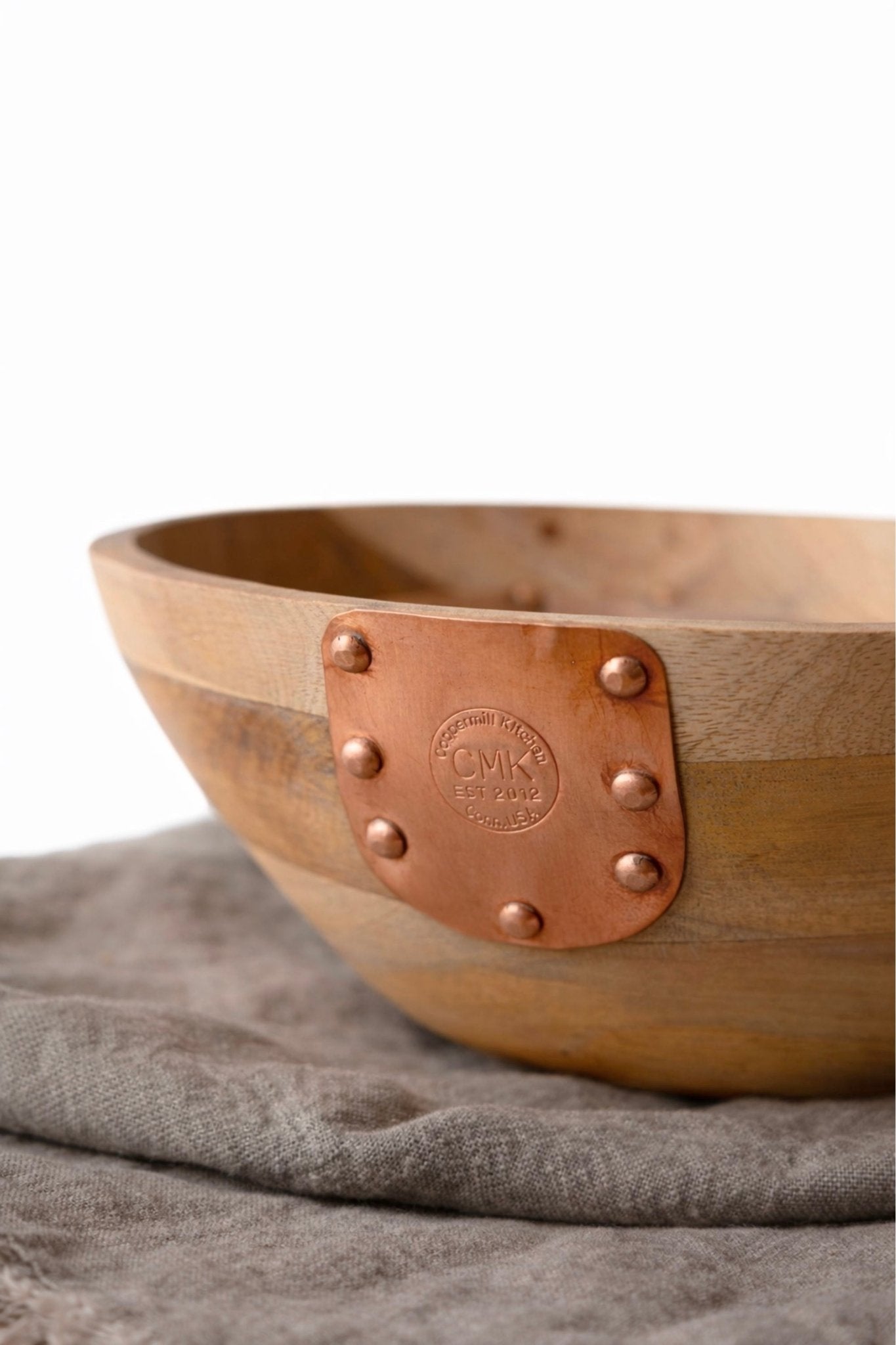 Vintage Inspired Wooden Serving Bowl with Handmade Copper Details - Che Cose Belle