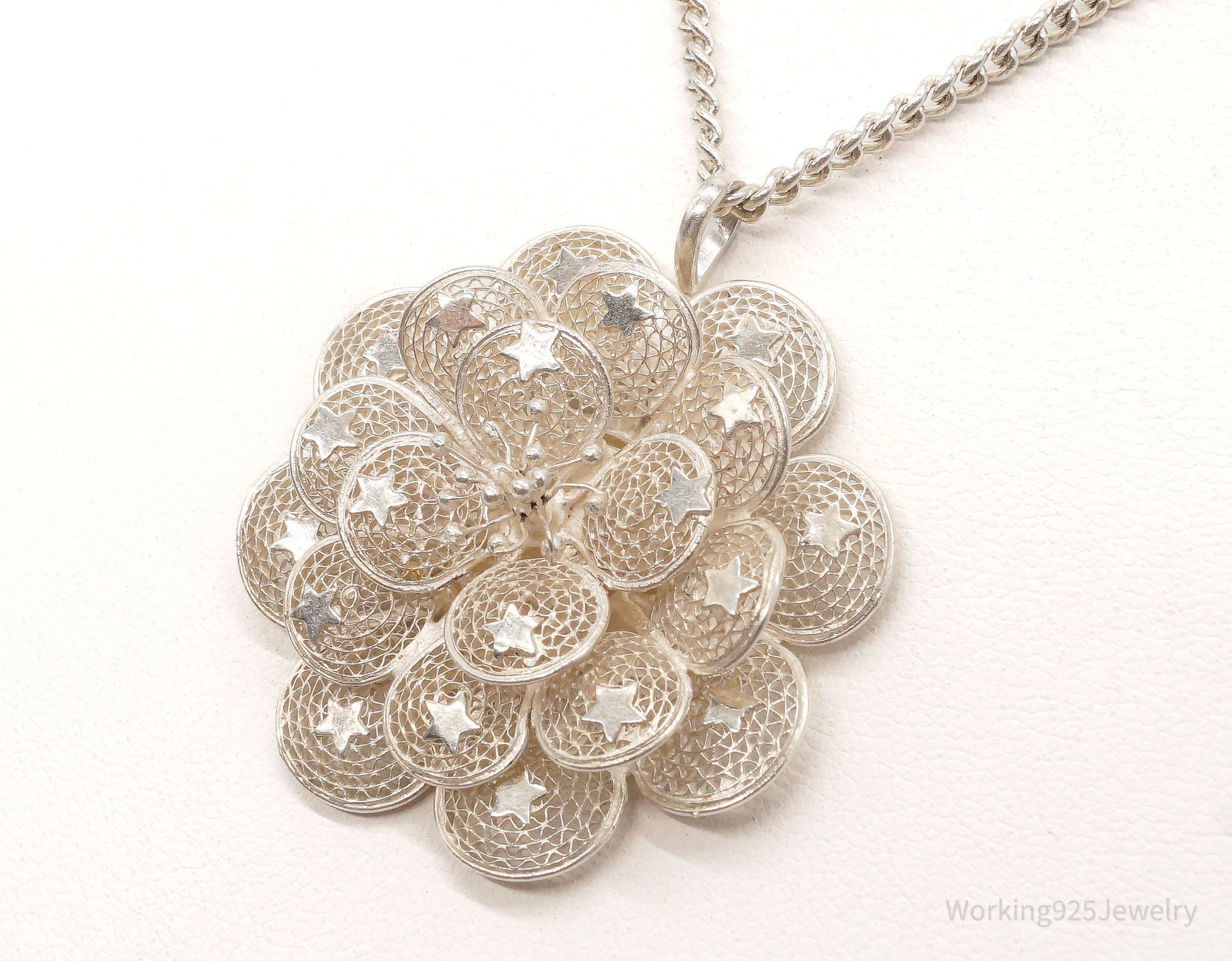 Vintage Large Filigree Flower Star Petals Silver Chain Necklace - Che Cose Belle