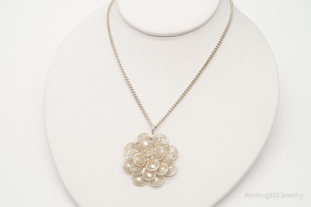 Vintage Large Filigree Flower Star Petals Silver Chain Necklace - Che Cose Belle