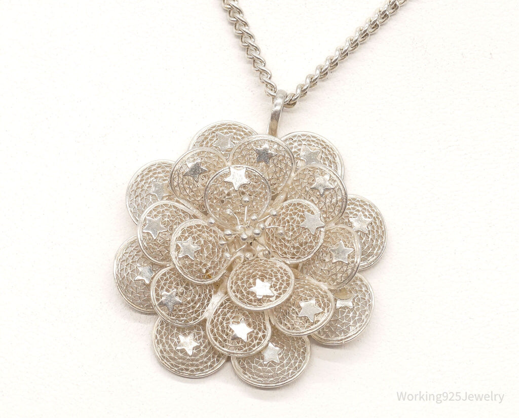 Vintage Large Filigree Flower Star Petals Silver Chain Necklace - Che Cose Belle