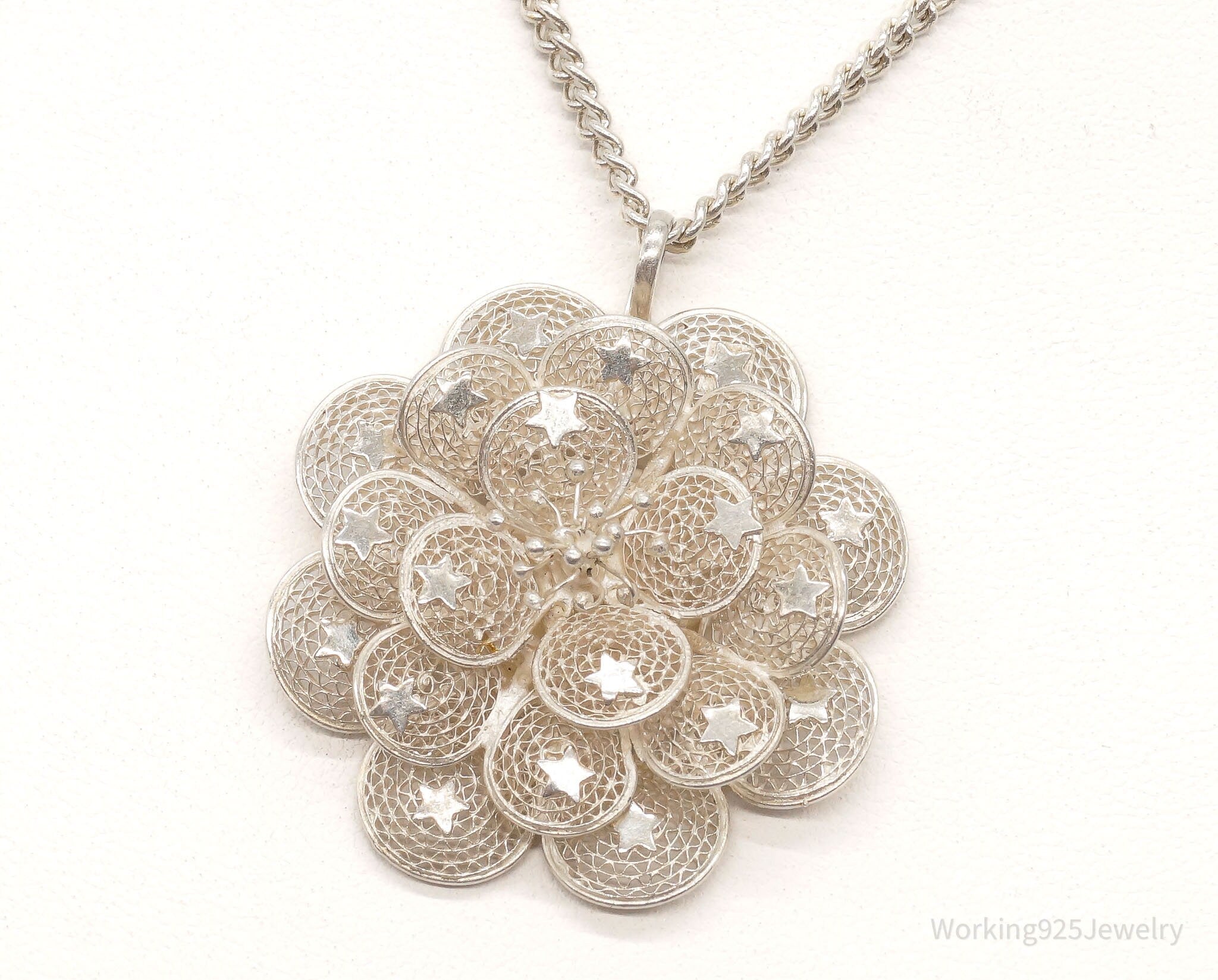 Vintage Large Filigree Flower Star Petals Silver Chain Necklace - Che Cose Belle