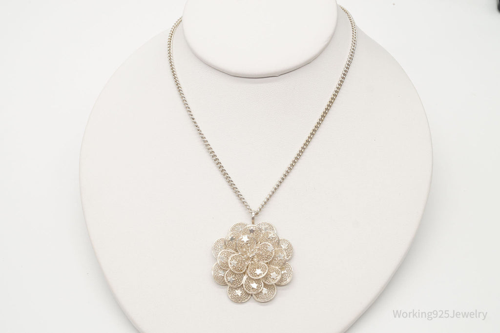 Vintage Large Filigree Flower Star Petals Silver Chain Necklace - Che Cose Belle
