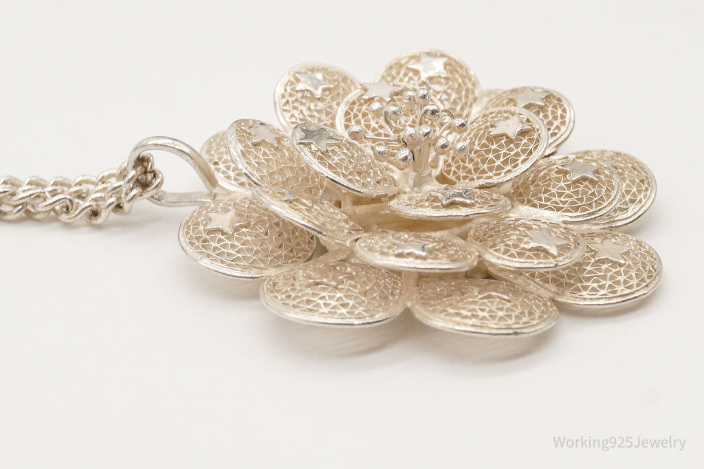 Vintage Large Filigree Flower Star Petals Silver Chain Necklace - Che Cose Belle