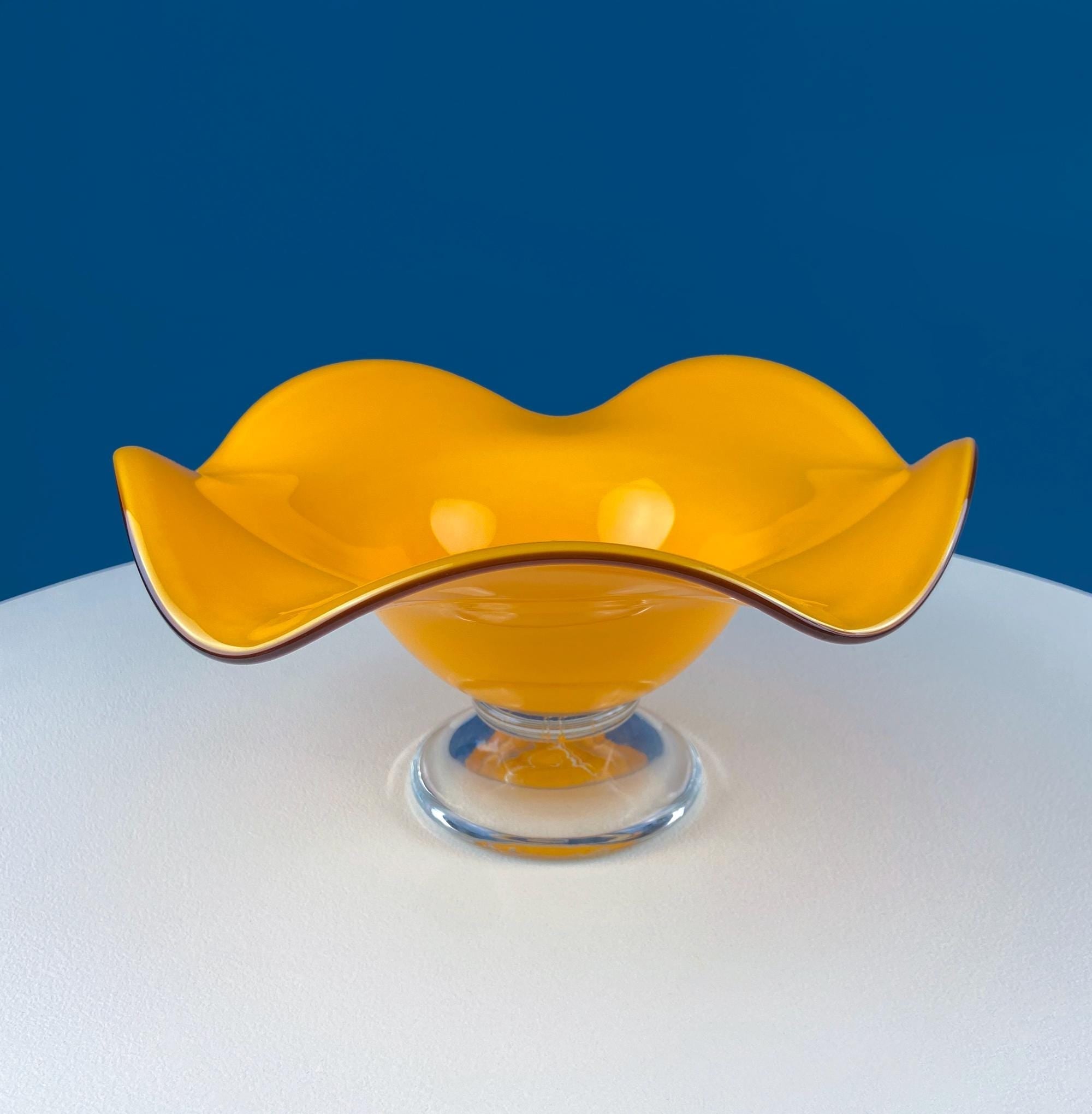 Vintage Orange Glass Footed Fruit Bowl. Unique Mid Century Modern Hand Blown Serving, Candy Dish. Modern Home Decor. Gift for Him Her. - Che Cose Belle