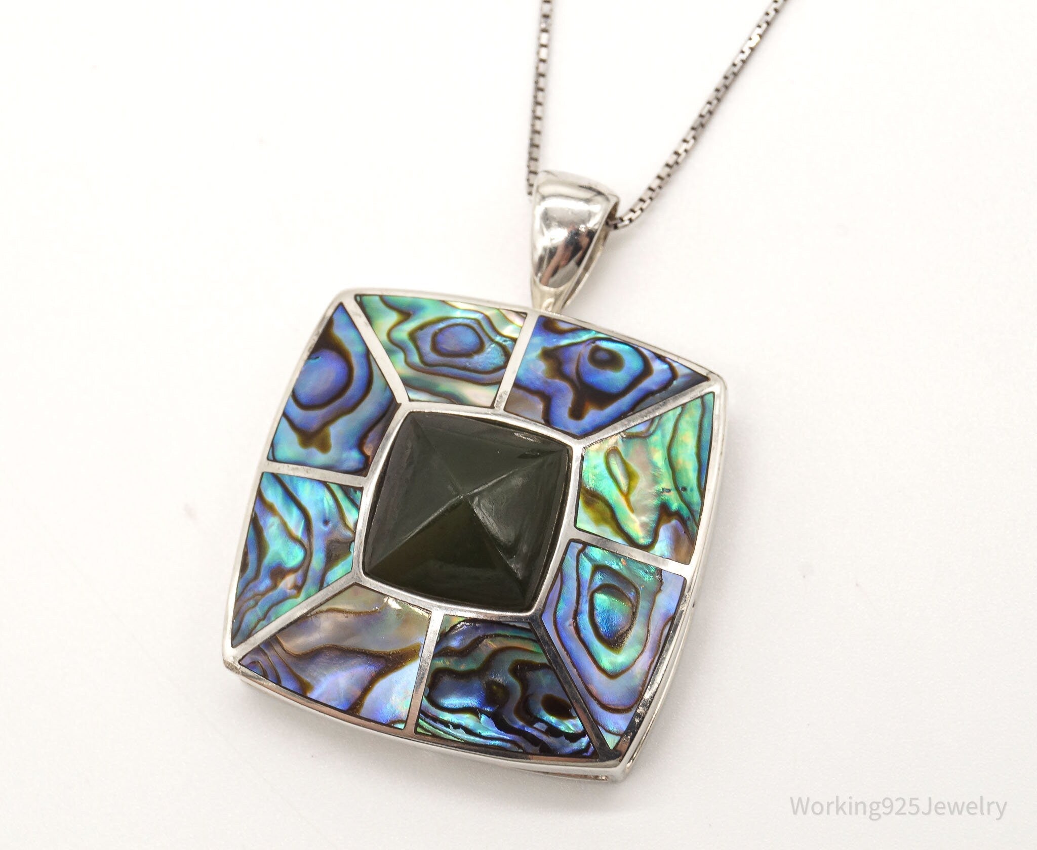 Vintage Paua Abalone Shell Green Stone Sterling Silver Necklace - Che Cose Belle