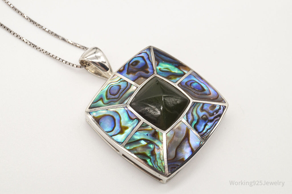 Vintage Paua Abalone Shell Green Stone Sterling Silver Necklace - Che Cose Belle