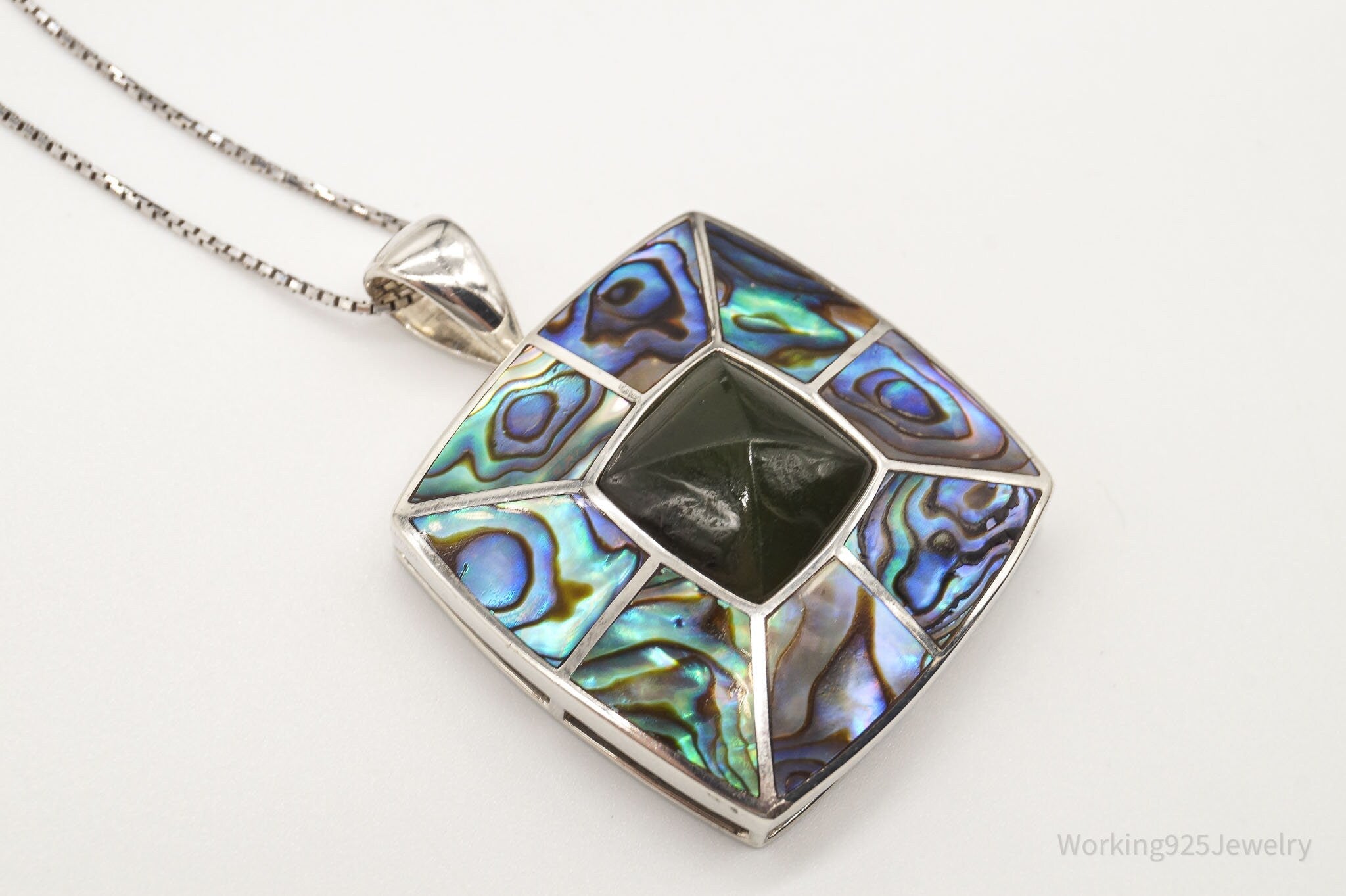 Vintage Paua Abalone Shell Green Stone Sterling Silver Necklace - Che Cose Belle