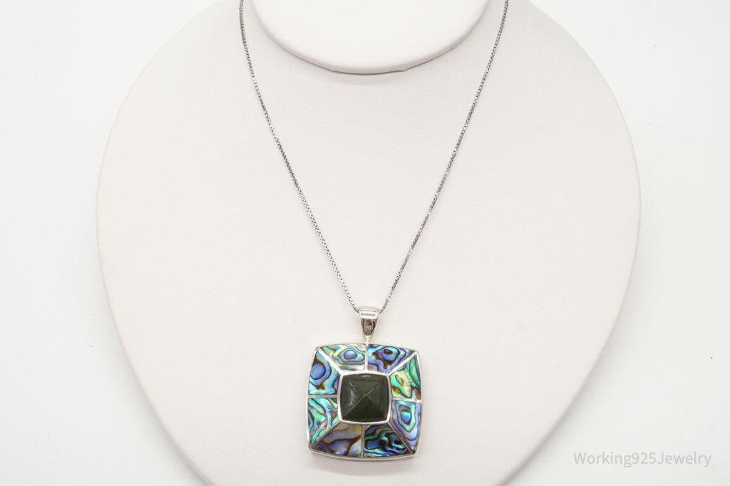 Vintage Paua Abalone Shell Green Stone Sterling Silver Necklace - Che Cose Belle
