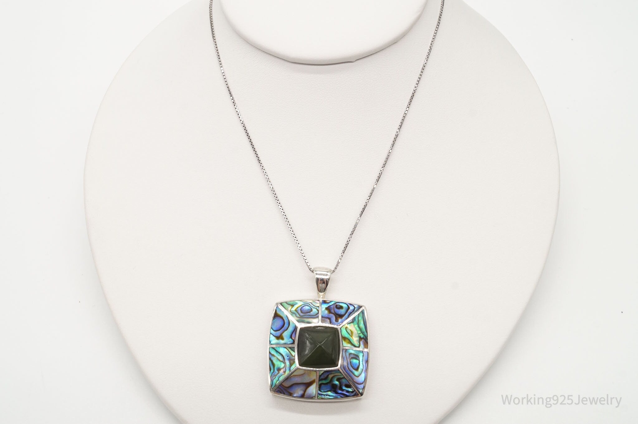 Vintage Paua Abalone Shell Green Stone Sterling Silver Necklace - Che Cose Belle