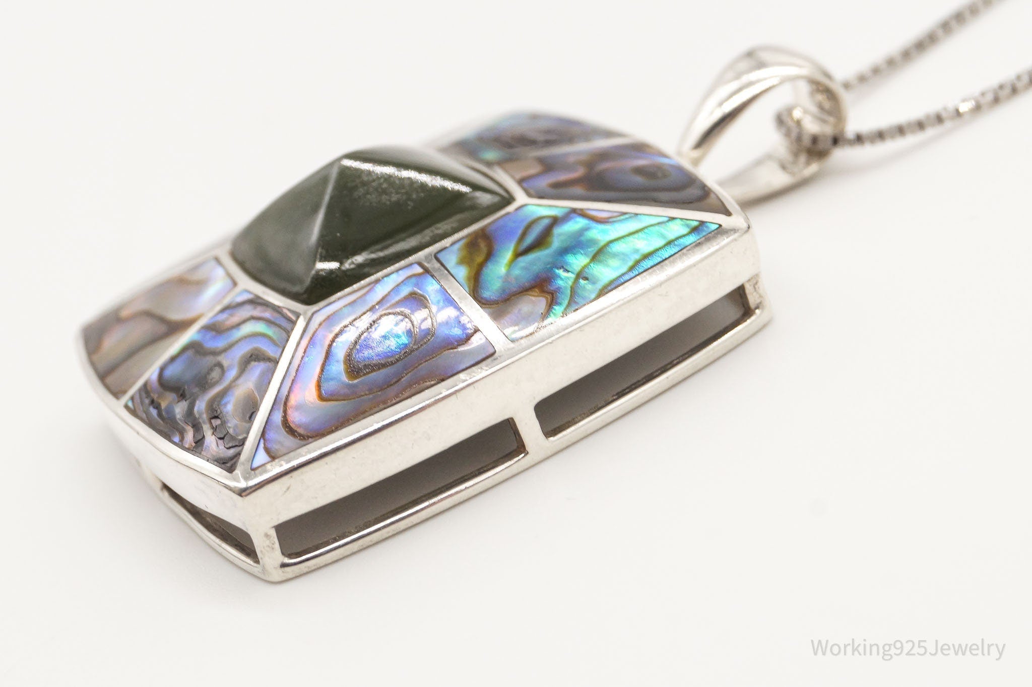Vintage Paua Abalone Shell Green Stone Sterling Silver Necklace - Che Cose Belle