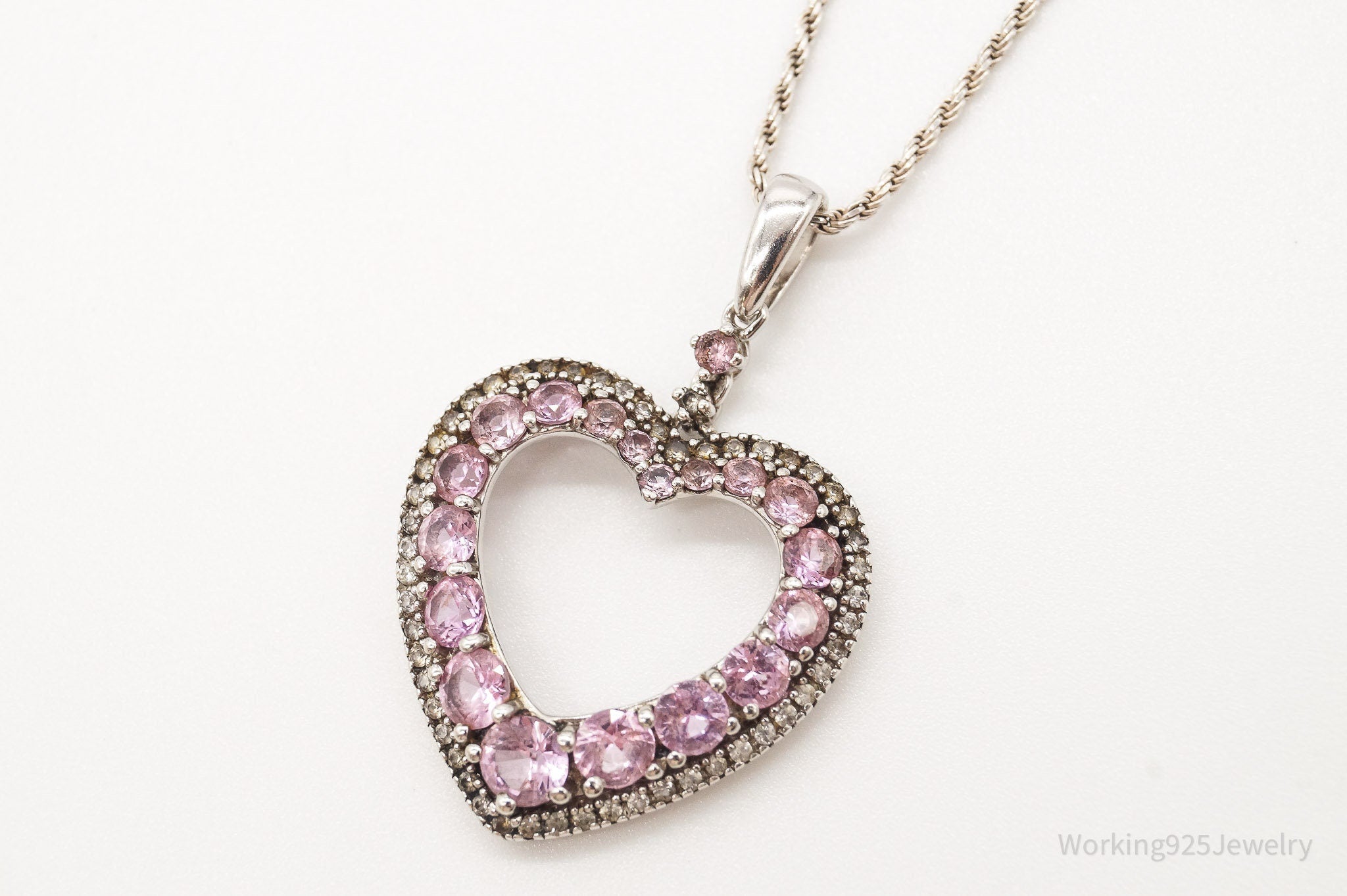 Vintage Pink & White Cubic Zirconia Heart Sterling Silver Necklace - Che Cose Belle
