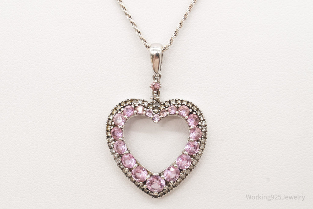 Vintage Pink & White Cubic Zirconia Heart Sterling Silver Necklace - Che Cose Belle